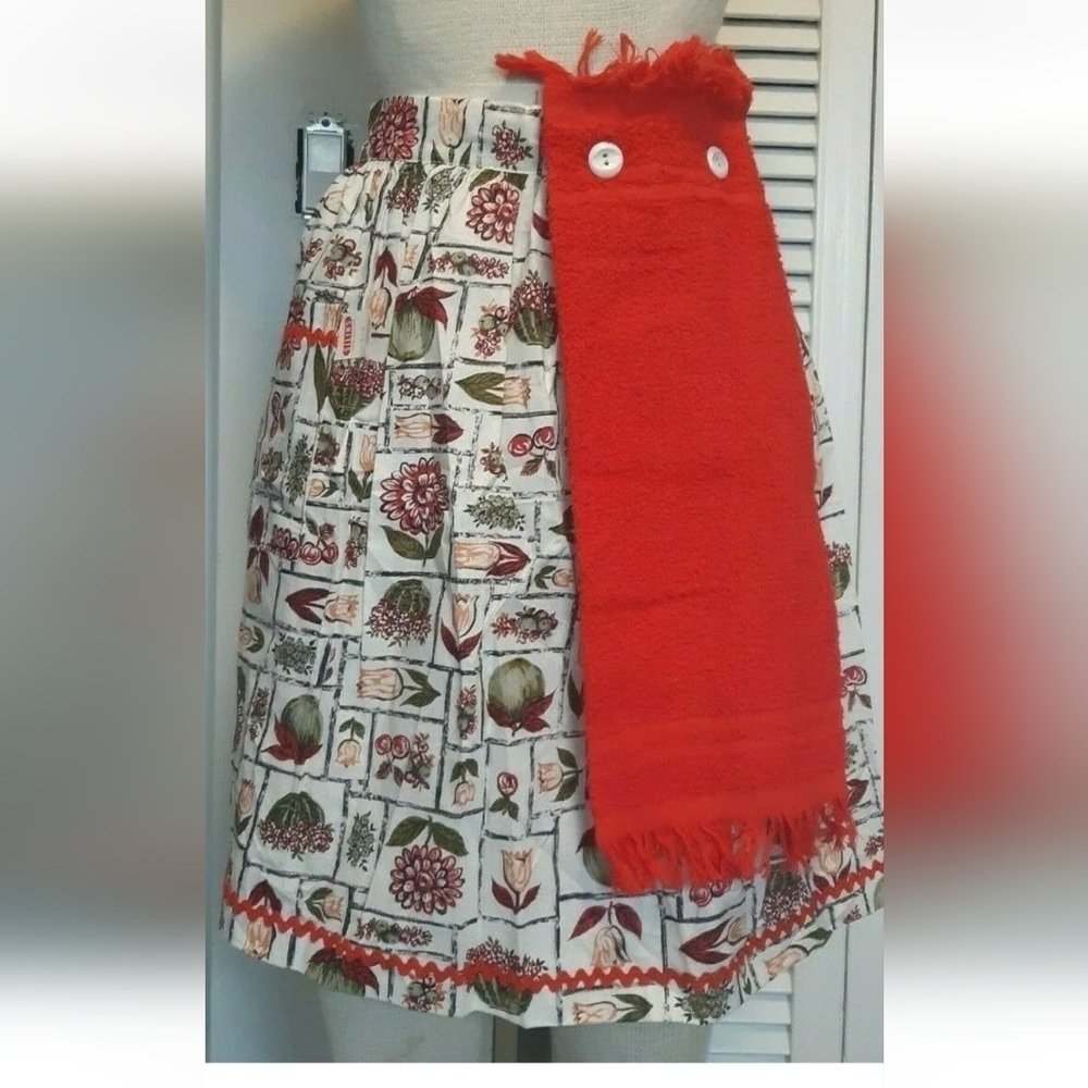 VTG SILIN'S floral HALF apron button MUSCOGEE hand towel RICK RACK coastal chic